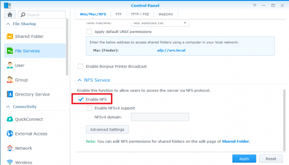 Step 2: NFS Services --> Enable NFS --> Press Apply