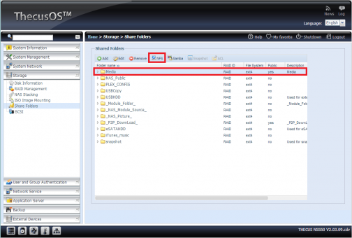 Step 3: Go to the Share Folders entry in the Storage-section. Select the folder, you want to share via NFS and click on NFS.
